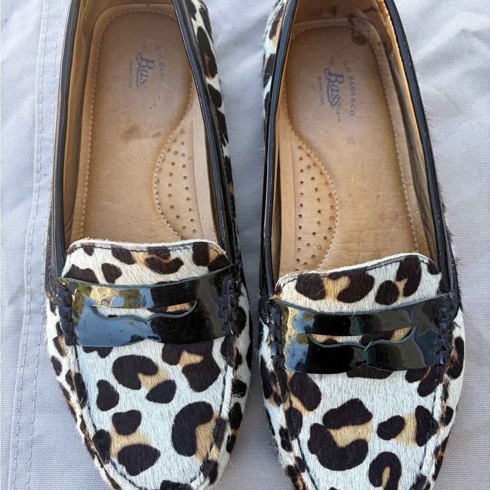 Bass Leopard Patterned Loafers with Glossy Black Trim